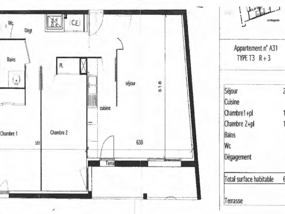Appartement T3 lumineux de 66 m² Carrez (69 m² au sol) avec terrasse — Vue dégagée – Proche commodités