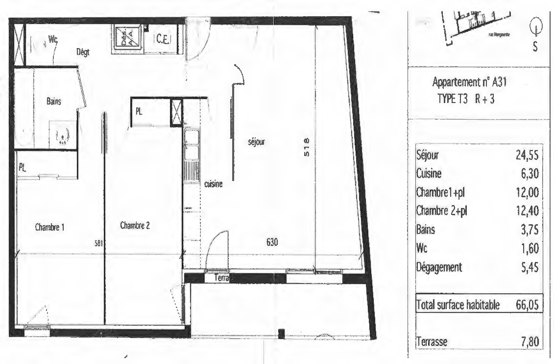 Plan Appartement T3 lumineux de 66 m² Carrez (69 m² au sol) avec terrasse — Vue dégagée – Proche commodités